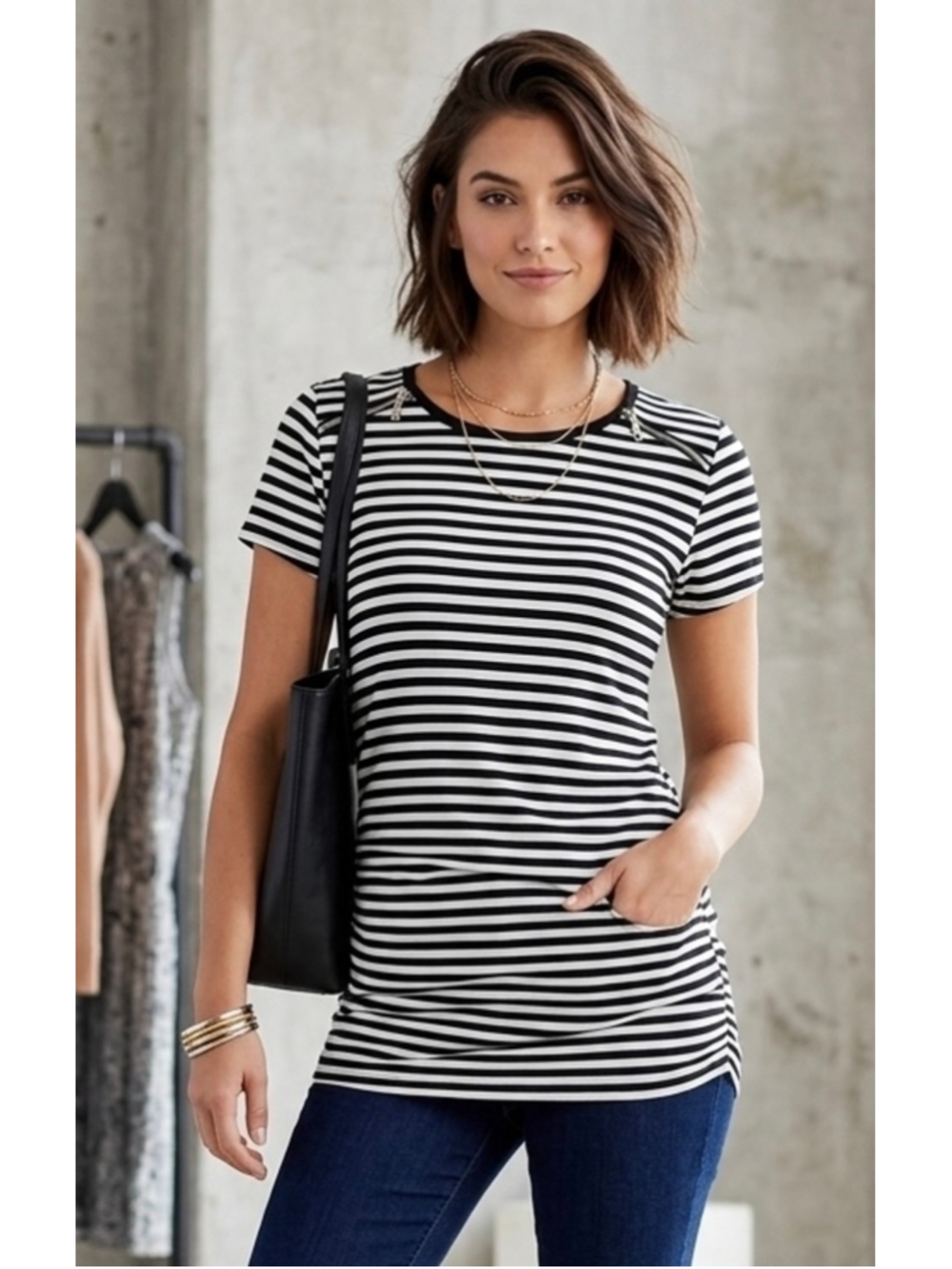 Women's Michael Kors Black & White Striped Short Sleeve Tee, Size L. 2044